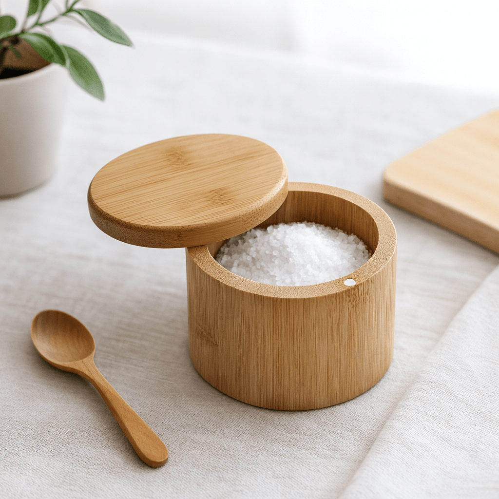 Bambus saltkar med et rum og drejelåg fyldt med salt